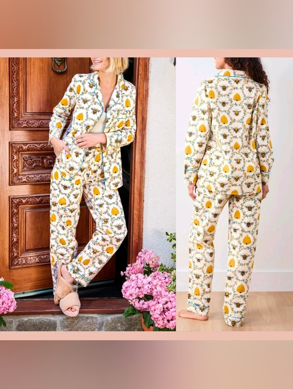 $168 Printfresh Cream Bee & Beehive Floral Pajama Top with Blue Piping NWT